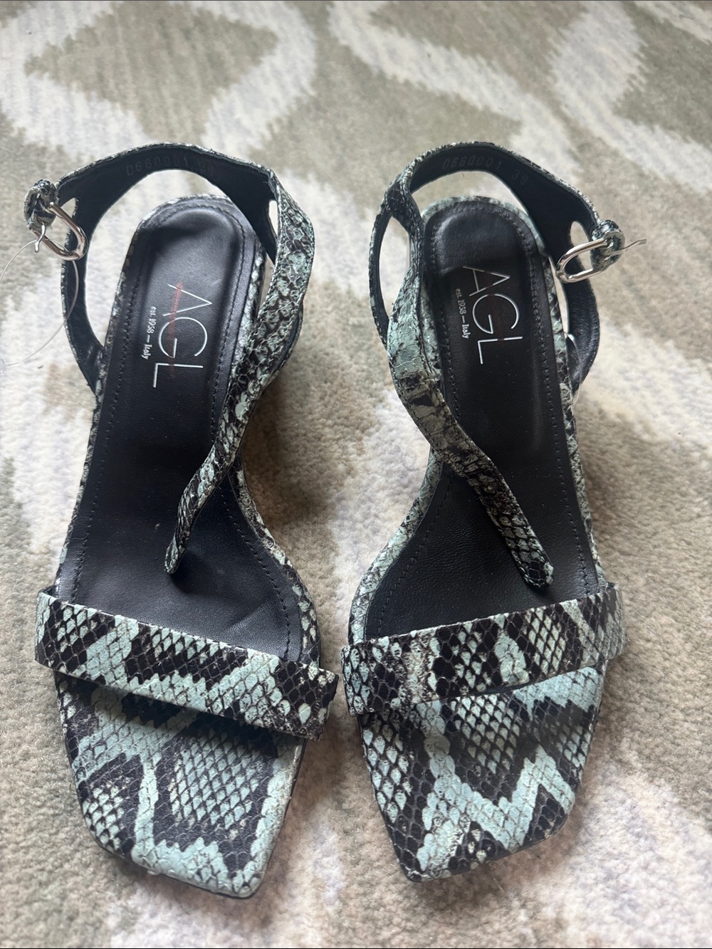 AGL Mint and Black Snake-Print Ankle-Strap Sandals 39 new